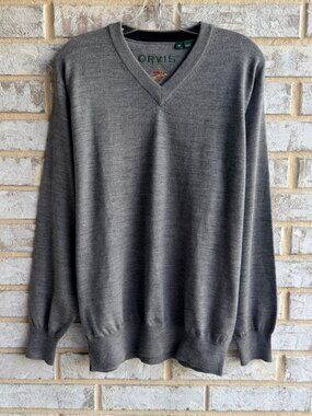 ORVIS 100% Merino Wool Long Sleeve V-Neck Gray Sweater Men's Size M